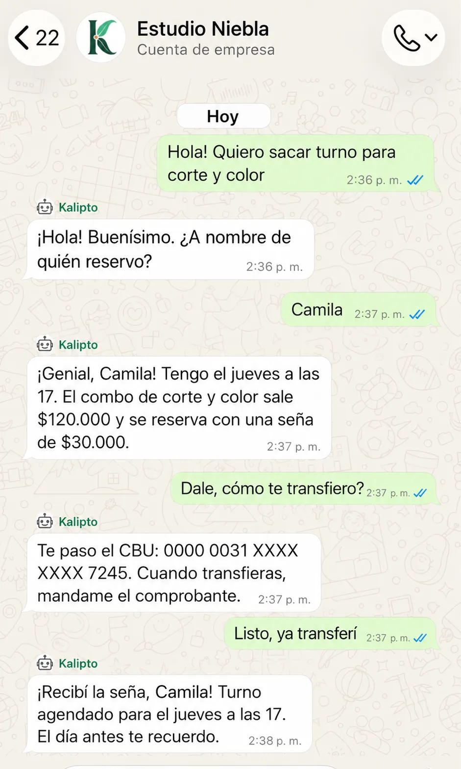 Chat de ejemplo — Belleza y estética