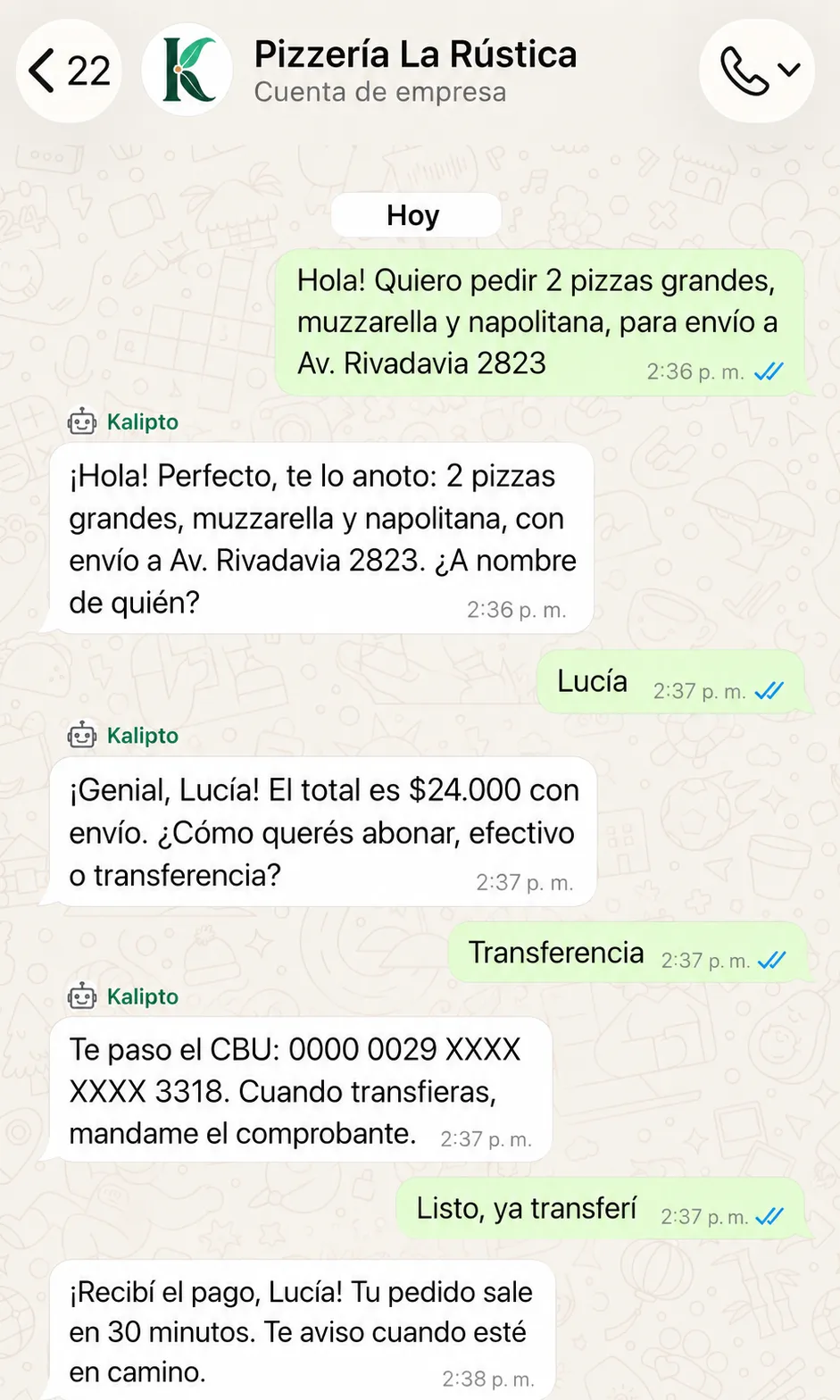 Chat de ejemplo — Gastronomía
